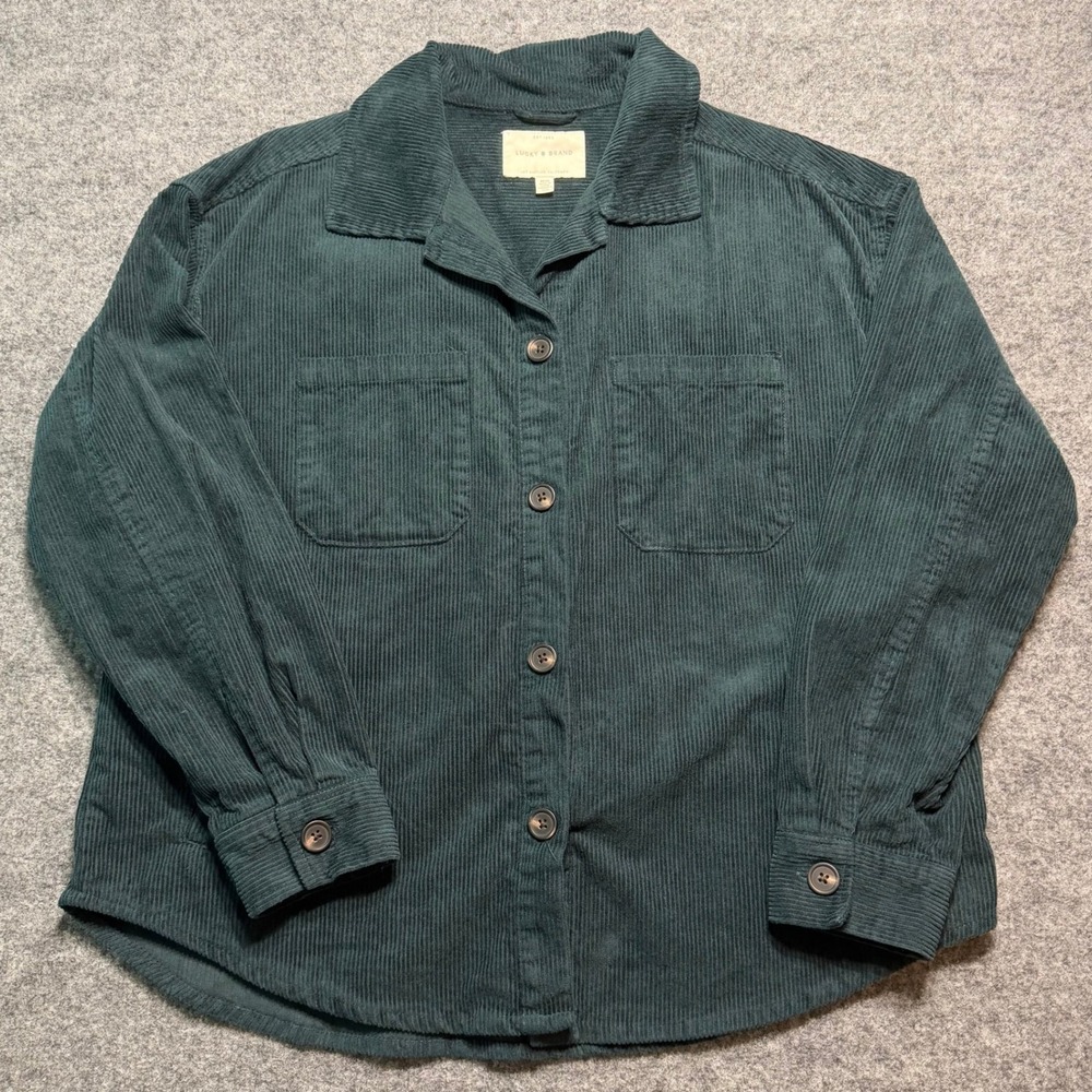 LUCKY BRAND Dark Green Corduroy Button Down Shirt Long Sleeve Shacket Medium